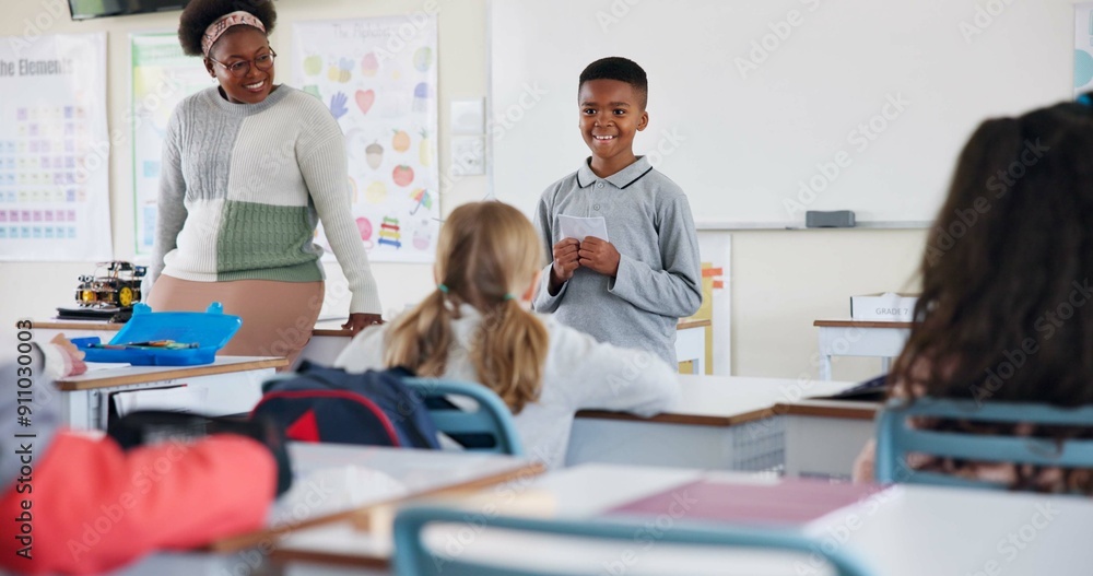 Aufkleber Class, happy child and reading presentation for learning, education or knowledge in elementary school. Boy, project and speaking to students with teacher for robotics assignment with paper in lesson