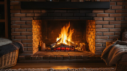 Front View of Black Framed Brick Fireplace with Roaring Fire