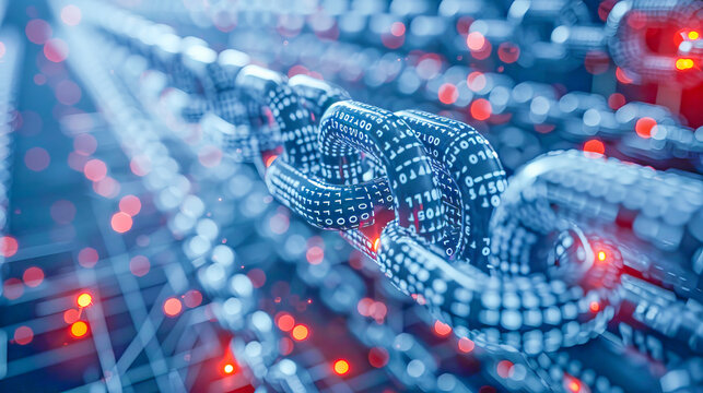 Blockchain technology creating secure digital chain with binary code