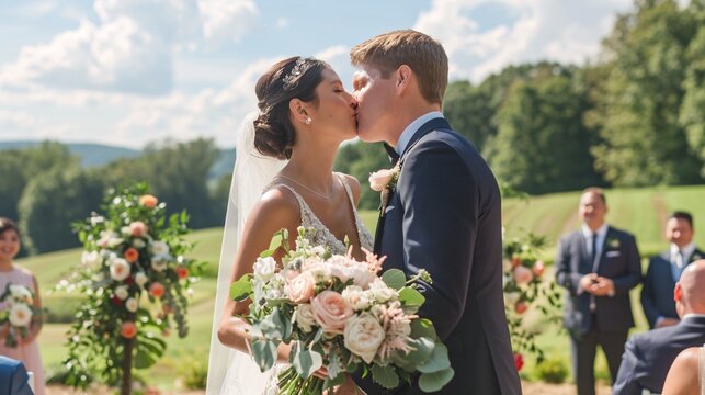 Bride and groom is first kiss as husband and wife in a picturesque wedding ceremony
