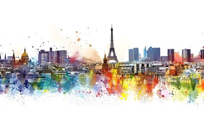 Obraz premium Paris skyline with Eiffel tower in colorful watercolor splashes, white background, panoramic view, artistic and vibrant style, cityscape, detailed architecture,