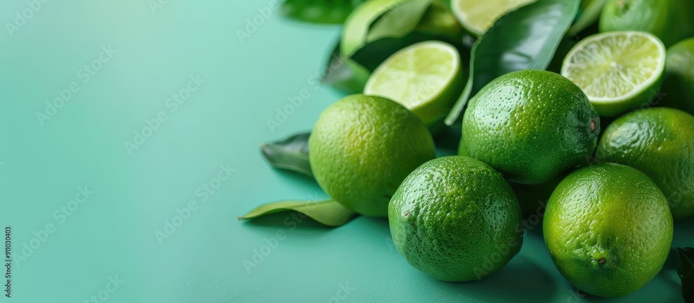 Poster vibrant green limes displayed on a bright backdrop with copy space image.