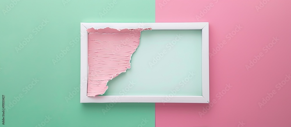 Poster minimalist concept with a torn paper effect featuring a white frame on a pink and green backdrop wit