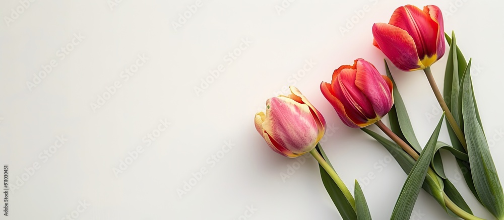 Aufkleber white background featuring tulip flowers with copy space image available for text inclusion.