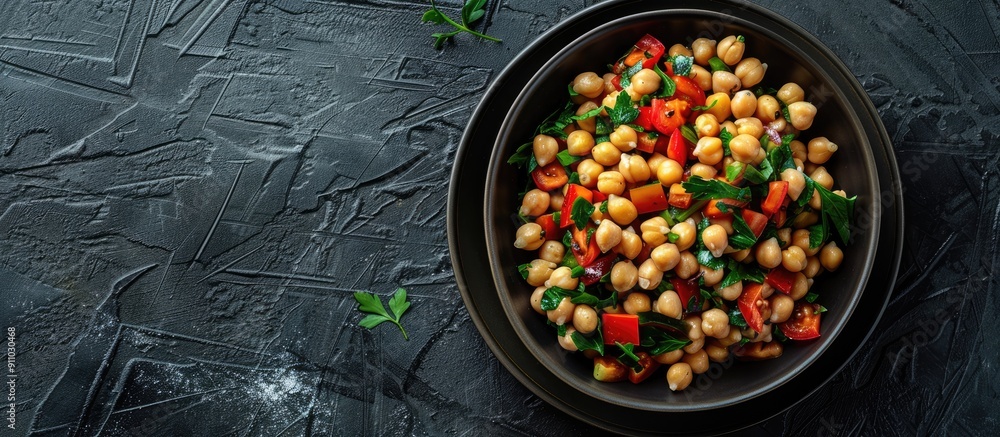 Poster scrumptious chickpea salad on black table with copy space image for text, shot from above.