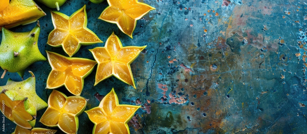 Aufkleber slices of carambola star fruit arranged outdoors with space for text on a rustic food background in 