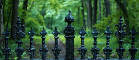 Iron fence decoration in a serene graveyard setting with lush green woods in the background, conveying the theme of life and death, with a copy space image.