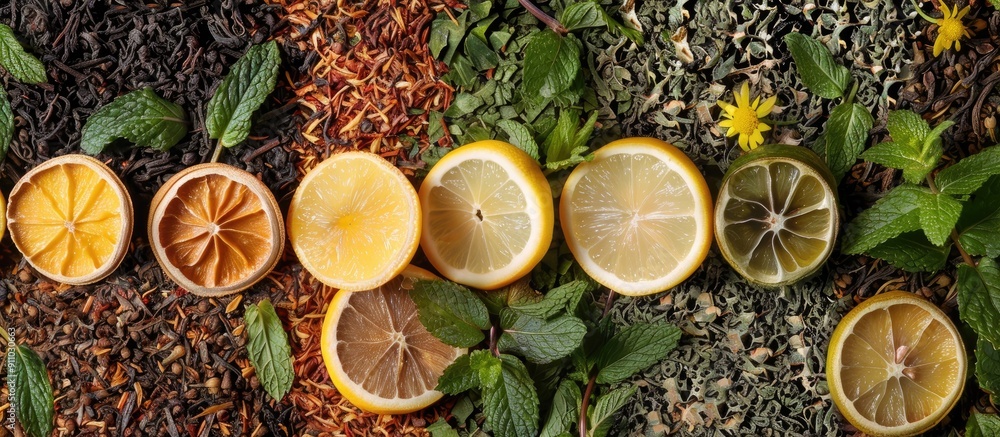 Poster top-down image of assorted dried tea, mint, and lemon with room for text or other elements. image wi