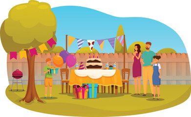 Family is celebrating birthday, having garden party outdoors, boy holding balloons and gifts, table with cake and drinks