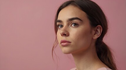 Naklejka premium Young woman thinking, isolated pink background,