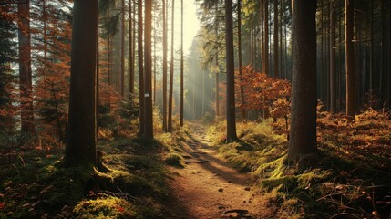 Sunlit Path Through a Dense Autumn Forest