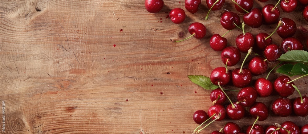 Aufkleber top-down perspective of fresh cherries on a wooden surface with blank area for text or design, arran