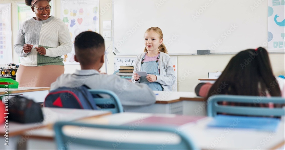 Poster classroom, happy kid and reading presentation for learning, education or report in elementary school