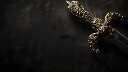 Portrait of a keris and tengkolok, isolated on a dark background, in the style of copy space concept, in black gold theme.