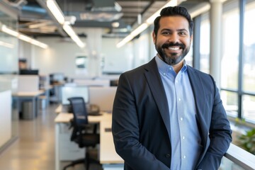 Fototapeta premium Smiling young Latino businessman, confident and elegant, standing in an office and looking at the camera, representing leadership in the corporate world.