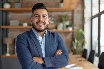 Fototapeta premium Smiling young Latino businessman, confident and elegant, standing in an office and looking at the camera, representing leadership in the corporate world.