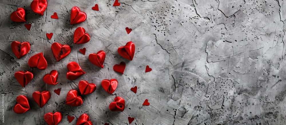 Poster love concept shown with numerous red silk hearts on a grey paper backdrop with empty space for text 