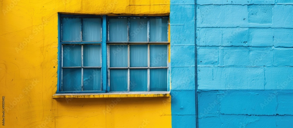 Poster retro style building with yellow and blue walls resembling old-fashioned design, creating a backgrou