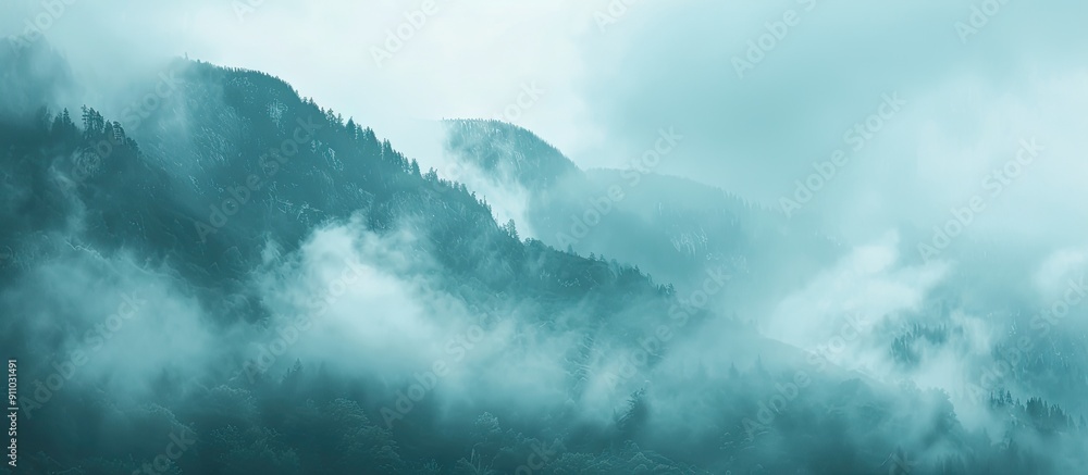 Poster fog-cloaked mountains create serene nature backgrounds with ample copy space image.