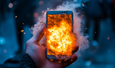 A dramatic close-up reveals a hand gripping a smartphone as its screen violently explodes, spewing fire and smoke.