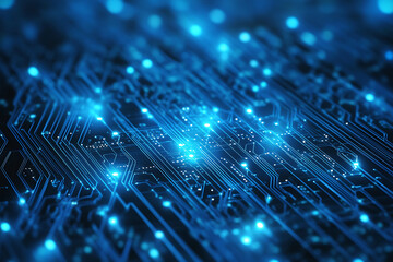 Abstract digital network circuit board background banner featuring connecting data points in blue and black colors. This design emphasizes the complexity and sophistication of modern technology