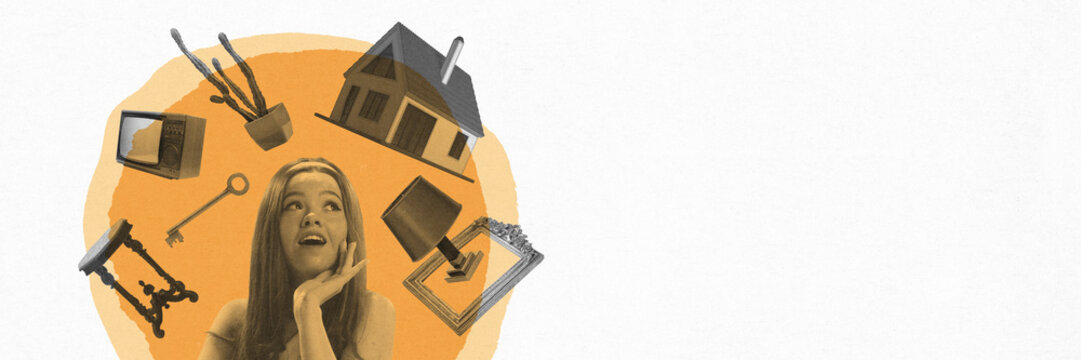Young girl dreaming about moving into new house, home items flying around her dreamy head. Contemporary art collage. Concept of human dreams, inspiration and imagination. Banner. Copy space for ad