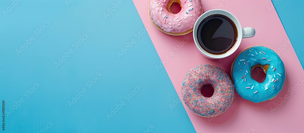 Poster pink and blue donuts accompanied by a cup of coffee set against a blue and pink backdrop creating a 