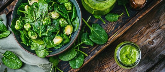 Obraz premium Top view of a nutritious green salad with spinach, brussels sprouts, and avocado, alongside a detox smoothie in a bottle on a wooden surface, with copy space for an image.
