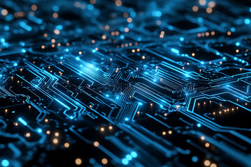 Abstract digital network circuit board background banner featuring connecting data points in blue and black colors. This design emphasizes the complexity and sophistication of modern technology