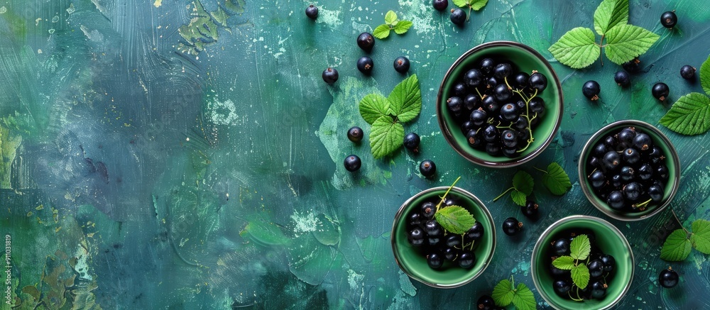 Poster top view of blackcurrant berries and leaves arranged in green bowls on a banner. flat lay with copy 
