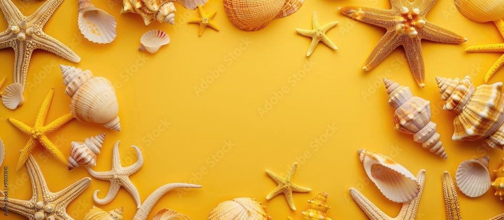 Aufkleber seashells and starfishes form a frame on a sunny yellow backdrop in a photo with copy space image.