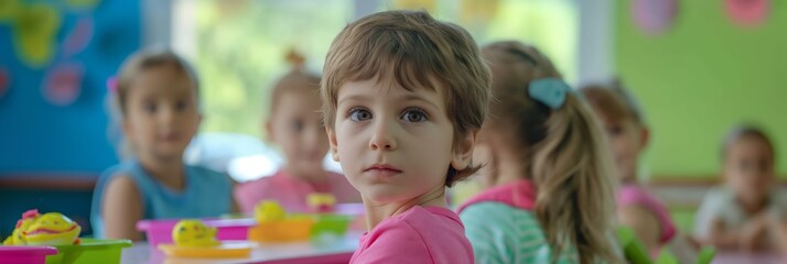 A young child with a focused expression sitting in a colorful classroom environment, surrounded by other children engaging in activities.