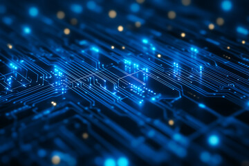 Obraz premium Abstract digital network circuit board background banner featuring connecting data points in blue and black colors. This design emphasizes the complexity and sophistication of modern technology
