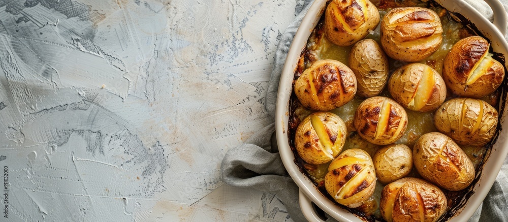Aufkleber top view of baked potatoes in baking dishes on a bright surface with room for text or other elements