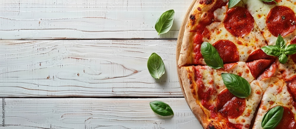 Poster rustic-style pizza background on a white wooden table captured from above, featuring copy space for 