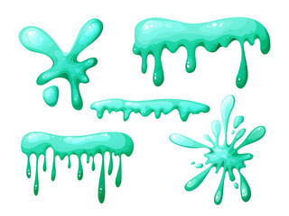 Colorful dripping slime in cartoon. Mucus splashes and liquid drop. Toxic splash, sticky slimy element. Vector illustration isolated on white background