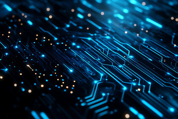 Abstract digital network circuit board background banner featuring connecting data points in blue and black colors. This design emphasizes the complexity and sophistication of modern technology