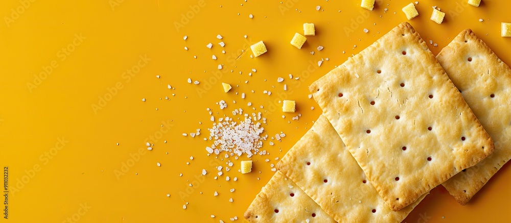 Poster top view copy space image of a buttery cracker with holes and salt on a yellow background.