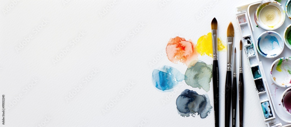 Poster watercolor palette and paintbrush set displayed against a white backdrop with a clear area suitable 