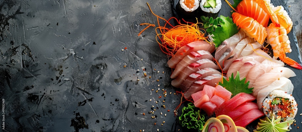 Poster sliced sashimi sushi beautifully arranged on a cutting board with a generously available copy space 
