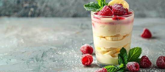 Yogurt dessert layers with applesauce, banana, and raspberries, garnished with mint, served in a glass with copy space image.