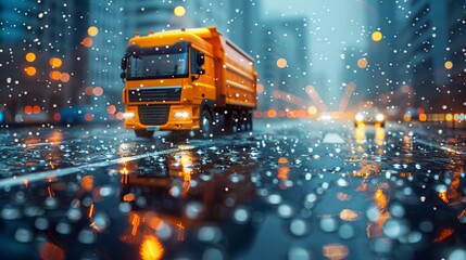 Truck Driving Through a Snowy City at Night
