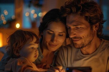 A family in a modern living room, using a touch-screen thermostat to adjust the temperature, with ambient lighting reflecting the change