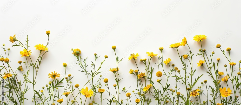 Poster top-down view of yellow flowers against a white backdrop, ideal for adding text or other elements - 