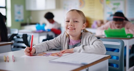 Students, portrait and girl with education, writing and knowledge with book, learning and pencil. Kids, school and smart with intelligent, happiness and exam with assignment, project and creativity