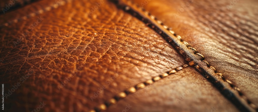 Poster leather with linear stitching on a brown material with copy space image.