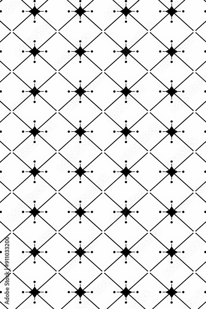 Poster This intricate design features a diamond pattern interspersed with star-shaped elements and dots. The black and white pattern creates a timeless look suitable for various design projects.