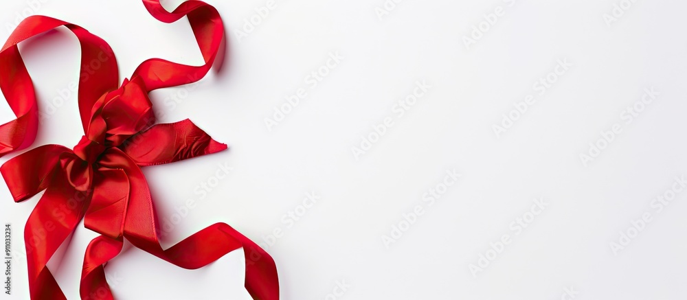 Poster red ribbons with a bow displayed in a copy space image on a white background.