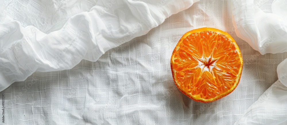 Poster top-down view of a halved mandarin on a white tablecloth, creating a photo template with copy space 