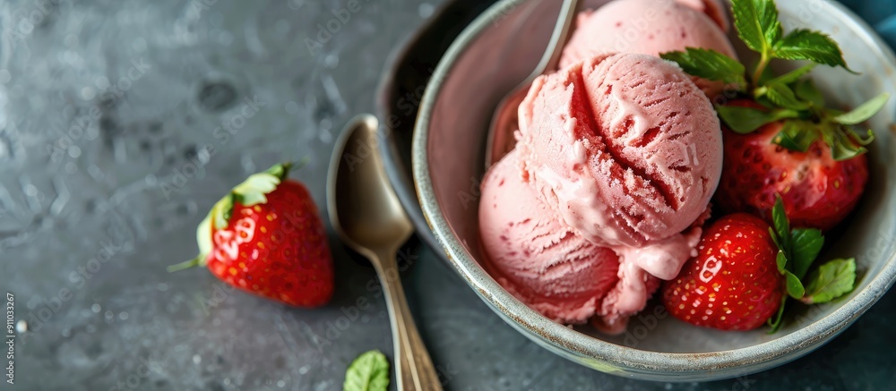 Poster top view of a delectable scoop of fresh strawberry ice cream on a plate in a natural setting with id